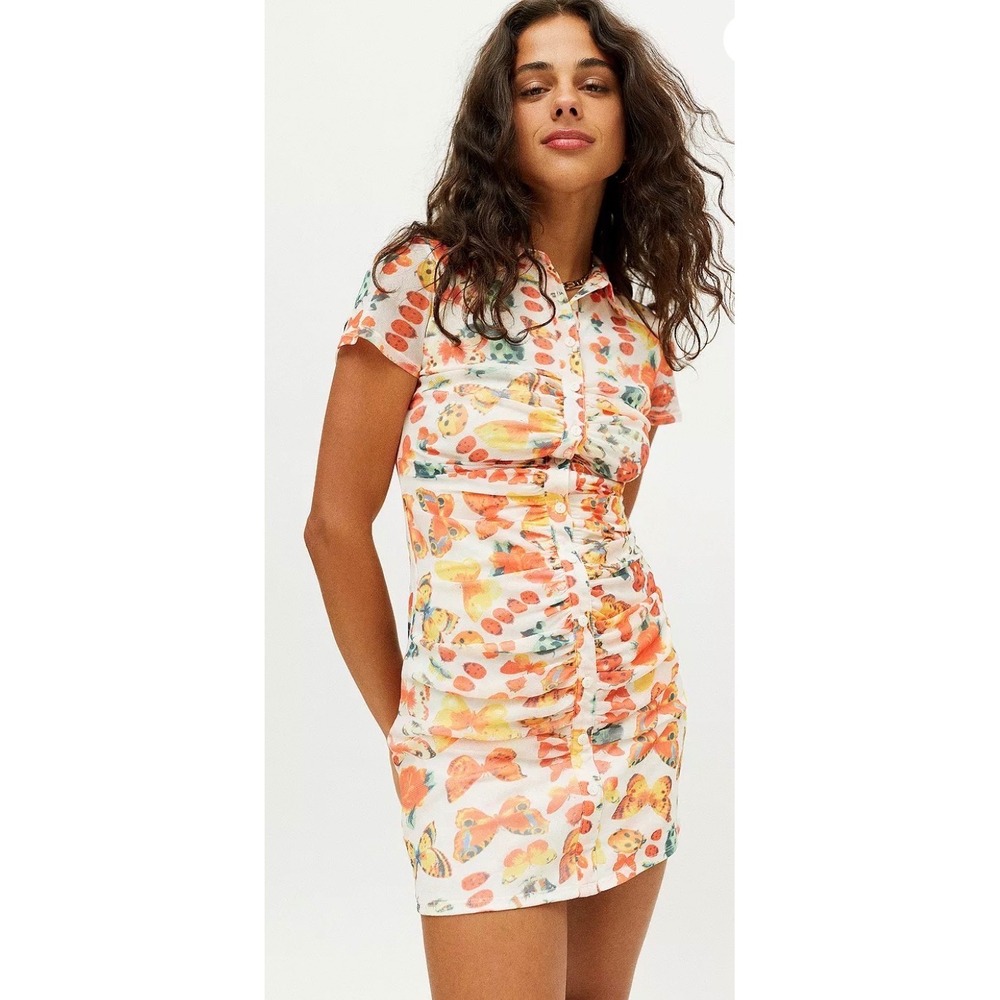 Urban Outfitters Butterfly Ladybug Mesh Ruched Mini Dress Orange Yellow M NWT